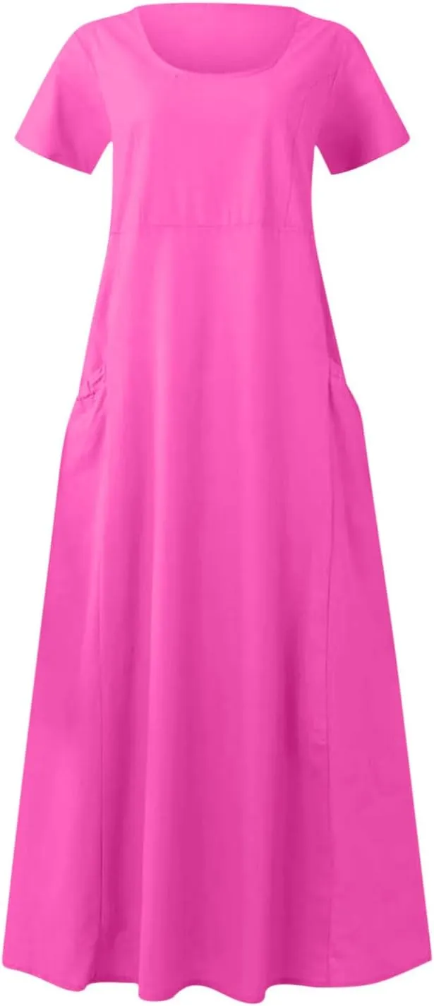 Summer Linen Dresses for Women 2025 Short Sleeve Round Neck Beach Vacation Casual Maxi Dresses Sun Dress with Pockets