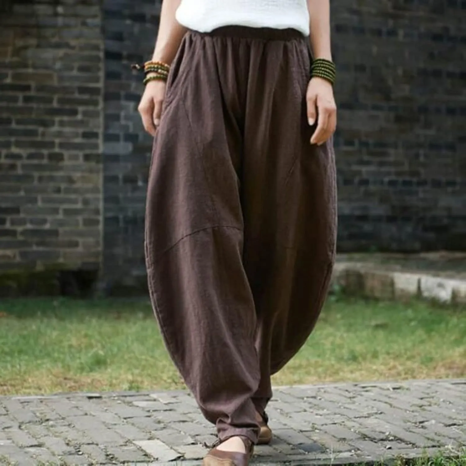 Summer Linen Harem Pants Womens Baggy Drop Crotch Boho Wide Leg Lantern Trousers Aladdin Bohemian Beach Yoga Pants
