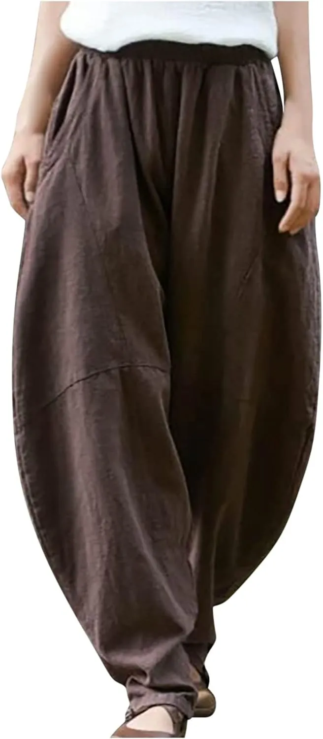 Summer Linen Harem Pants Womens Baggy Drop Crotch Boho Wide Leg Lantern Trousers Aladdin Bohemian Beach Yoga Pants