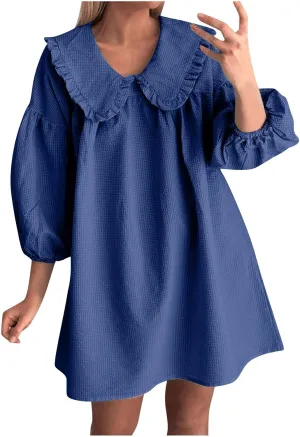 Summer Peter Pan Collar Dresses for Women 3/4 Sleeve Mini Dress Loose Fit Casual Beach Sundress Sleepwear Loungewear
