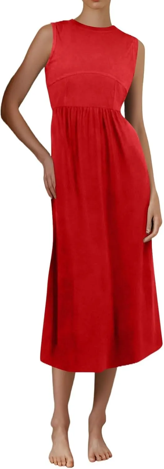 Summer Sundresses for Women Highwaisted Tank Dress Sleeveless Western Empire Waist Dress A Line Dresses with Pockets