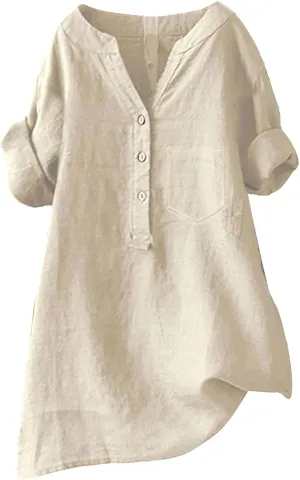 Summer Tops for Women 2025 Trendy Dress Cotton Linen Stand Up Neck Outfits Tunic Casual Loose Fit Vacation Blouses
