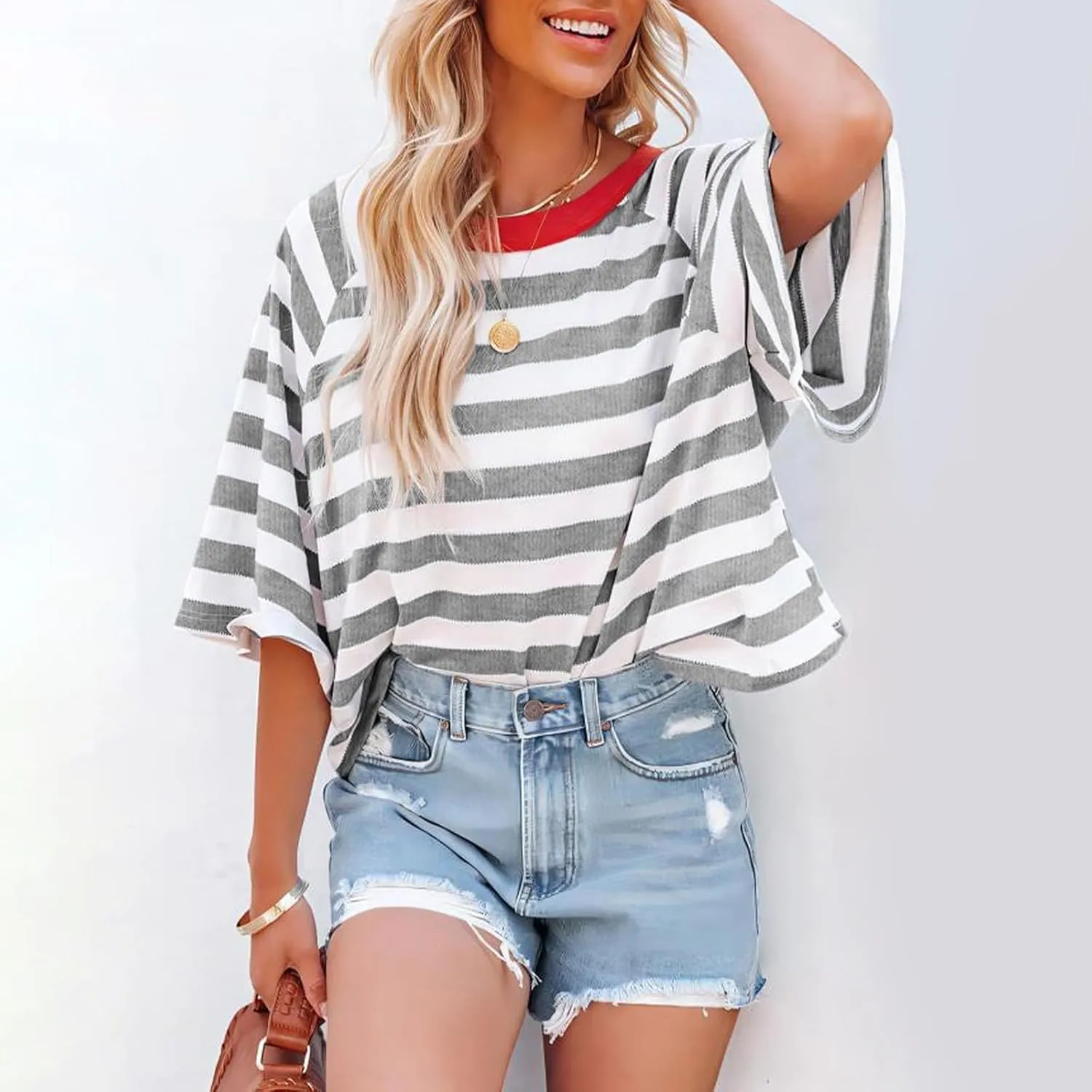 Summer Tops for Women Striped 2024 Trendy T Shirts for Women Color Block Short Sleeve Loose Basic Tee