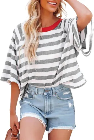 Summer Tops for Women Striped 2024 Trendy T Shirts for Women Color Block Short Sleeve Loose Basic Tee