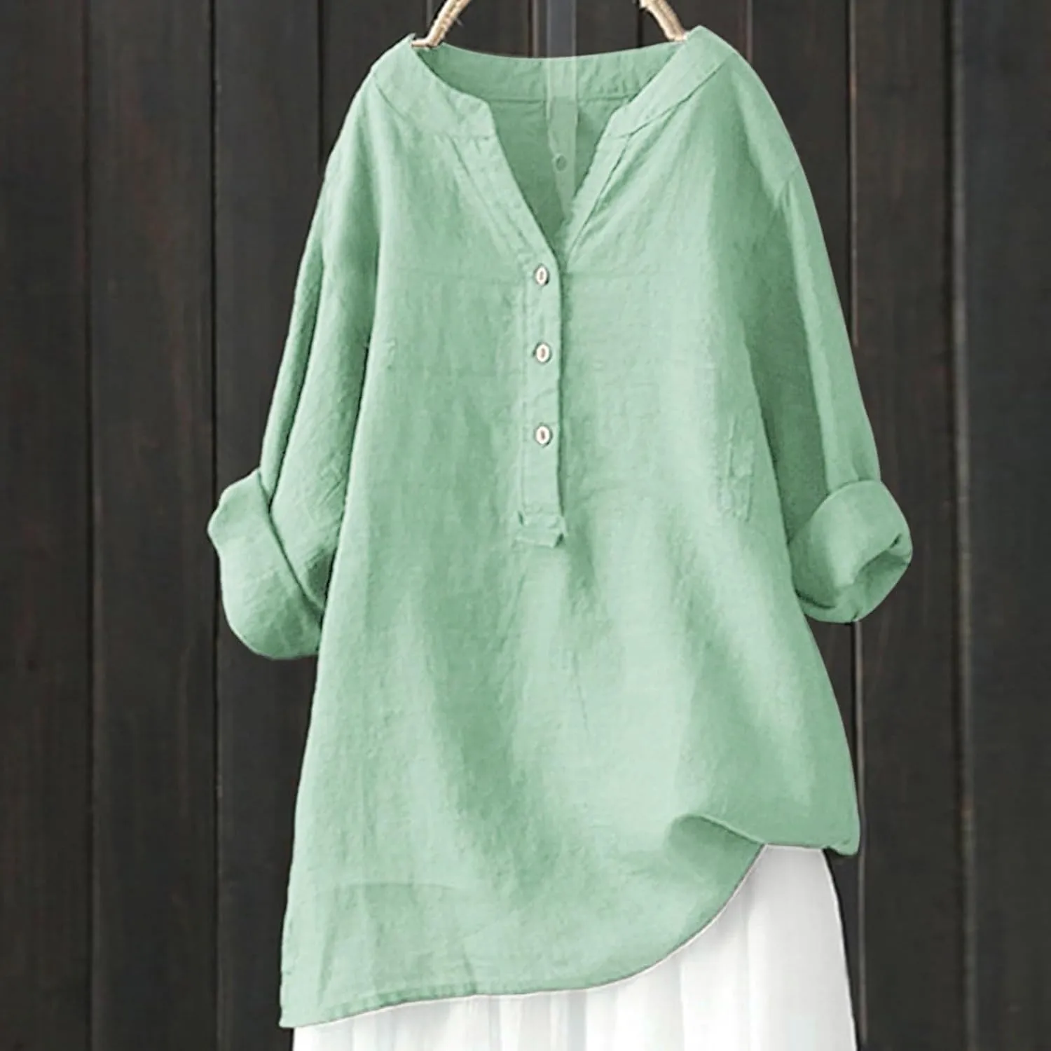 Summer Tops for Women Trendy 2025 Cotton Linen Business Shirts Long Sleeve V Neck Blouses Button Tunic Slim Outfits