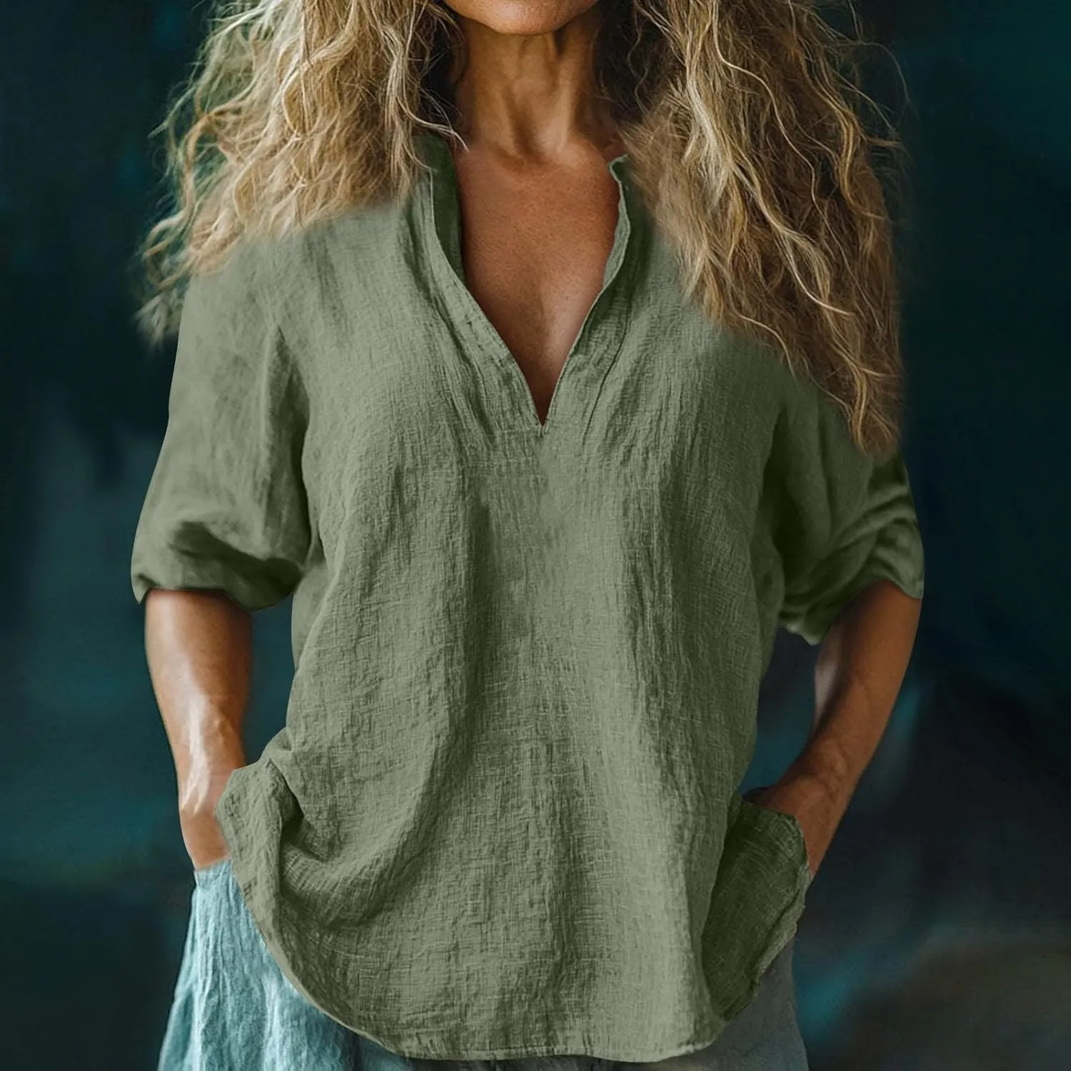 Summer Women Short Sleeve Cotton Linen Tops Trendy Baggy T Shirt V-Neck Button-Down Shirts Casual Breathable Blouse
