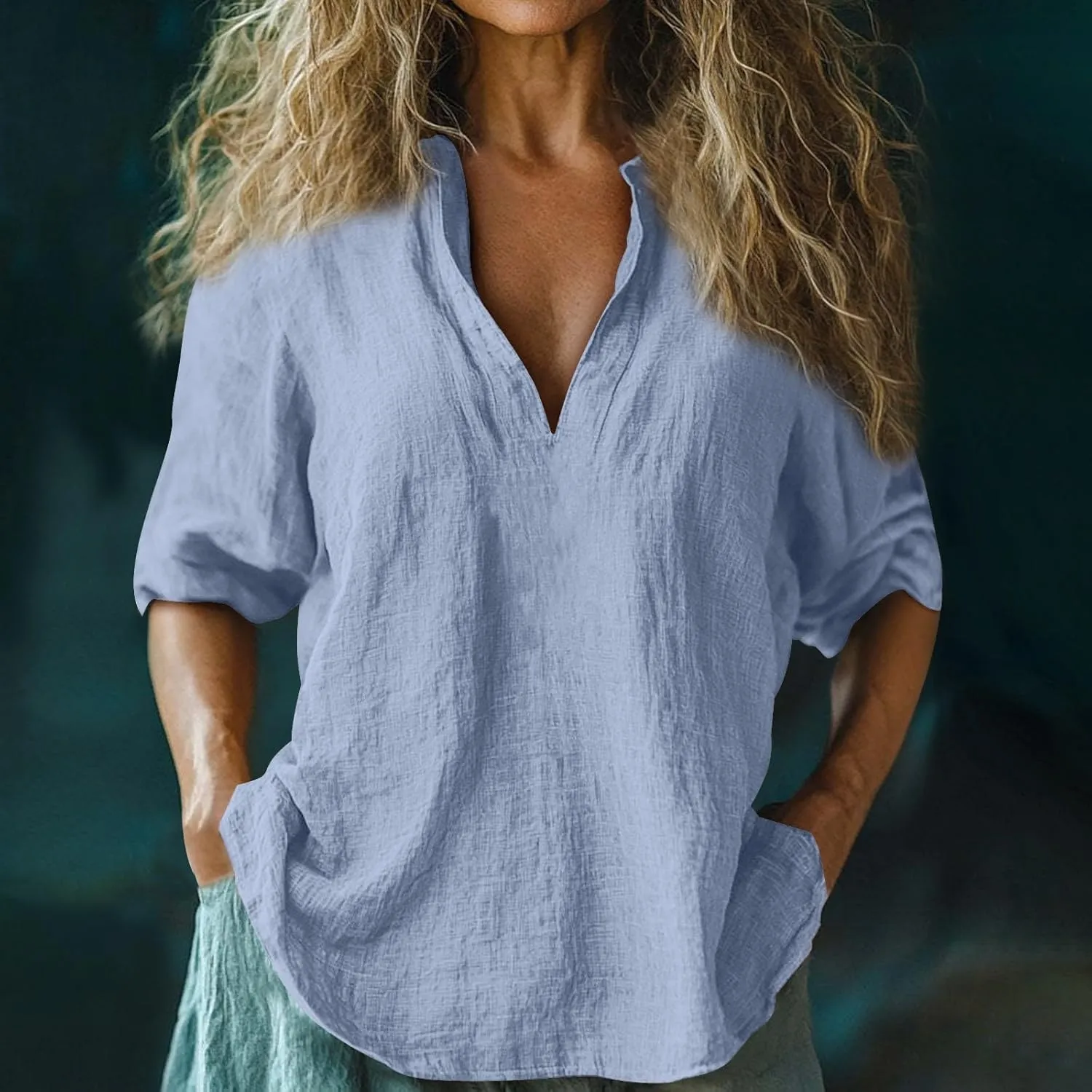 Summer Women Short Sleeve Cotton Linen Tops Trendy Baggy T Shirt V-Neck Button-Down Shirts Casual Breathable Blouse