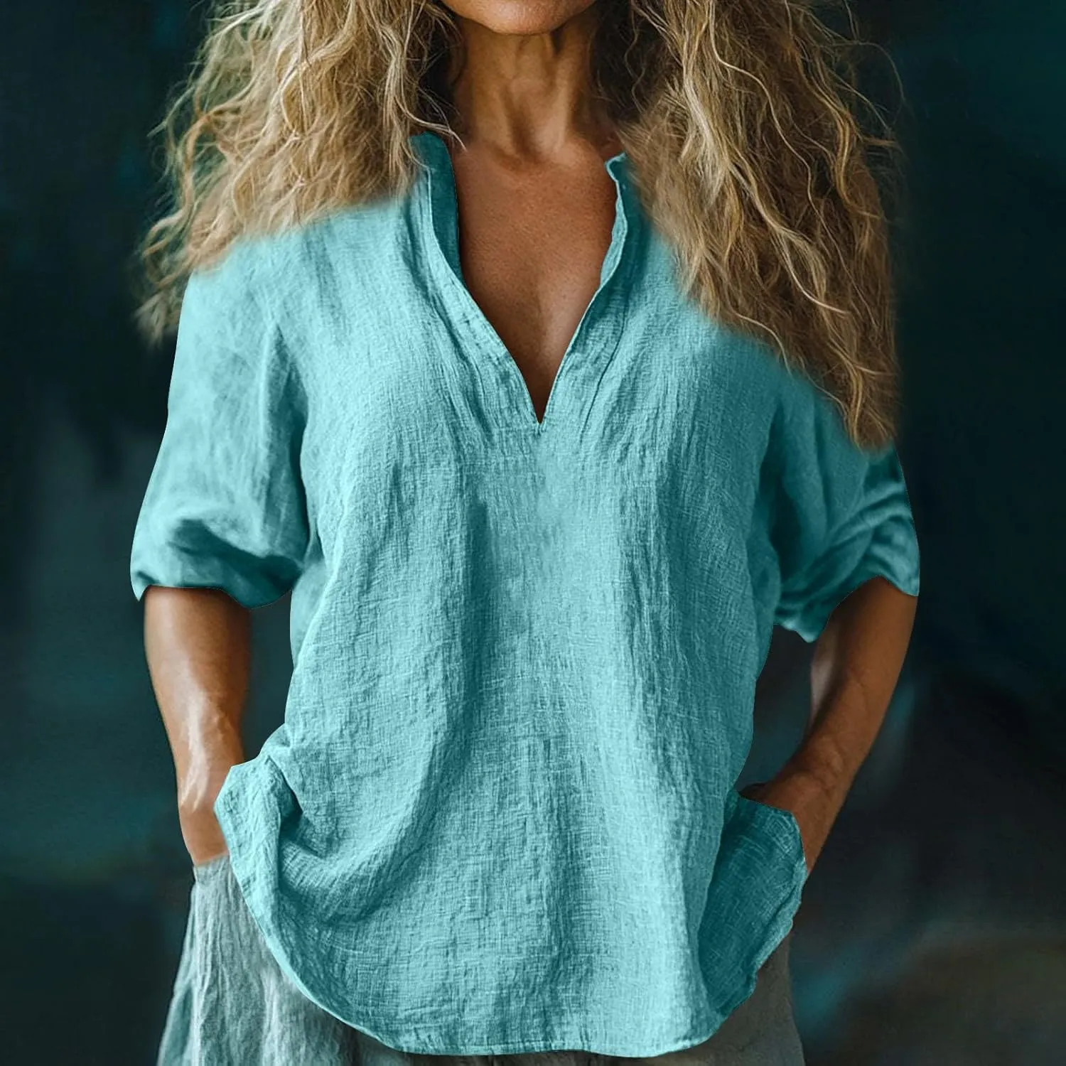 Summer Women Short Sleeve Cotton Linen Tops Trendy Baggy T Shirt V-Neck Button-Down Shirts Casual Breathable Blouse