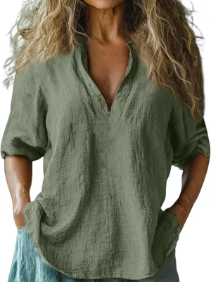 Summer Women Short Sleeve Cotton Linen Tops Trendy Baggy T Shirt V-Neck Button-Down Shirts Casual Breathable Blouse