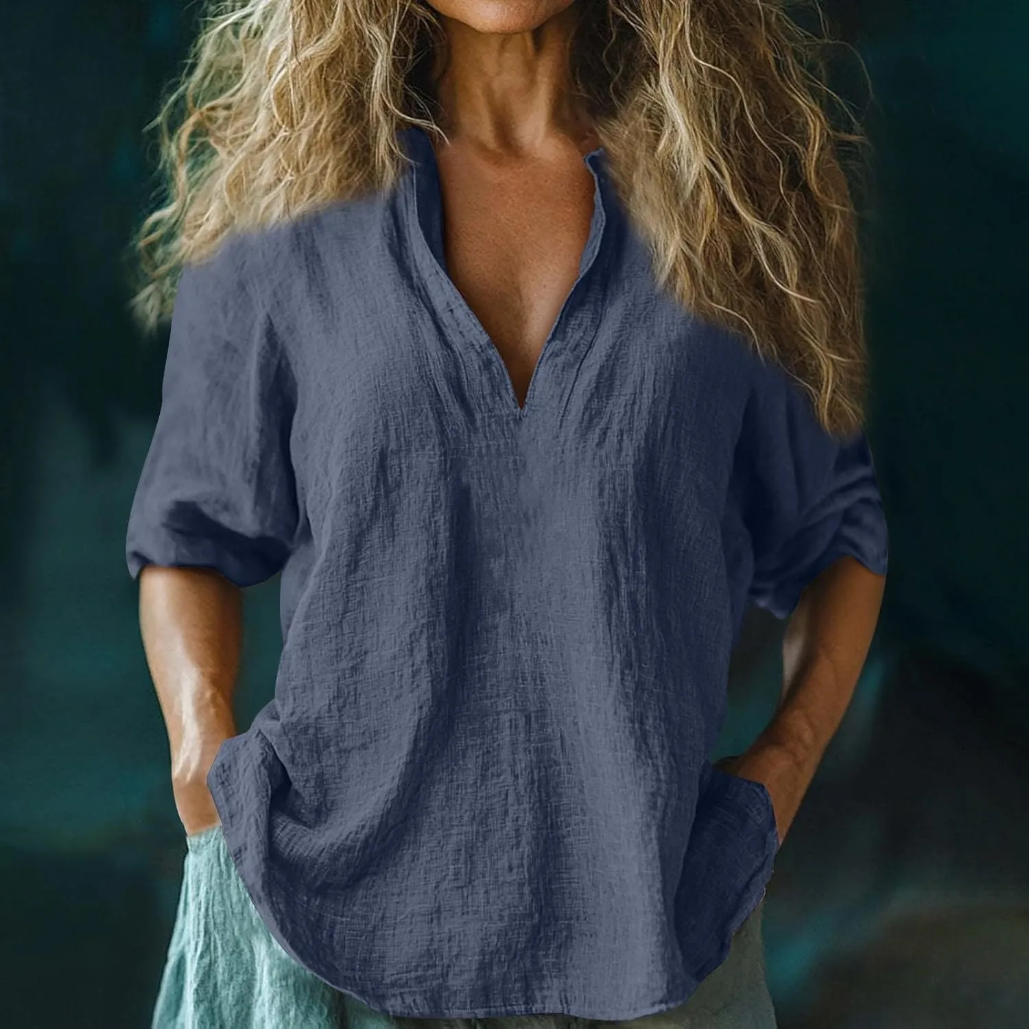 Summer Women Short Sleeve Cotton Linen Tops Trendy Baggy T Shirt V-Neck Button-Down Shirts Casual Breathable Blouse