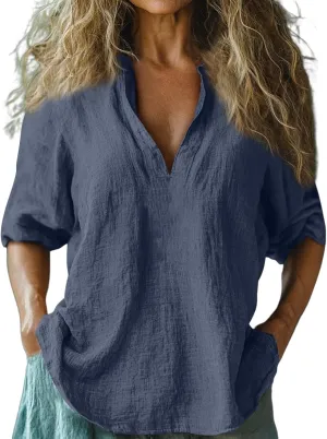 Summer Women Short Sleeve Cotton Linen Tops Trendy Baggy T Shirt V-Neck Button-Down Shirts Casual Breathable Blouse