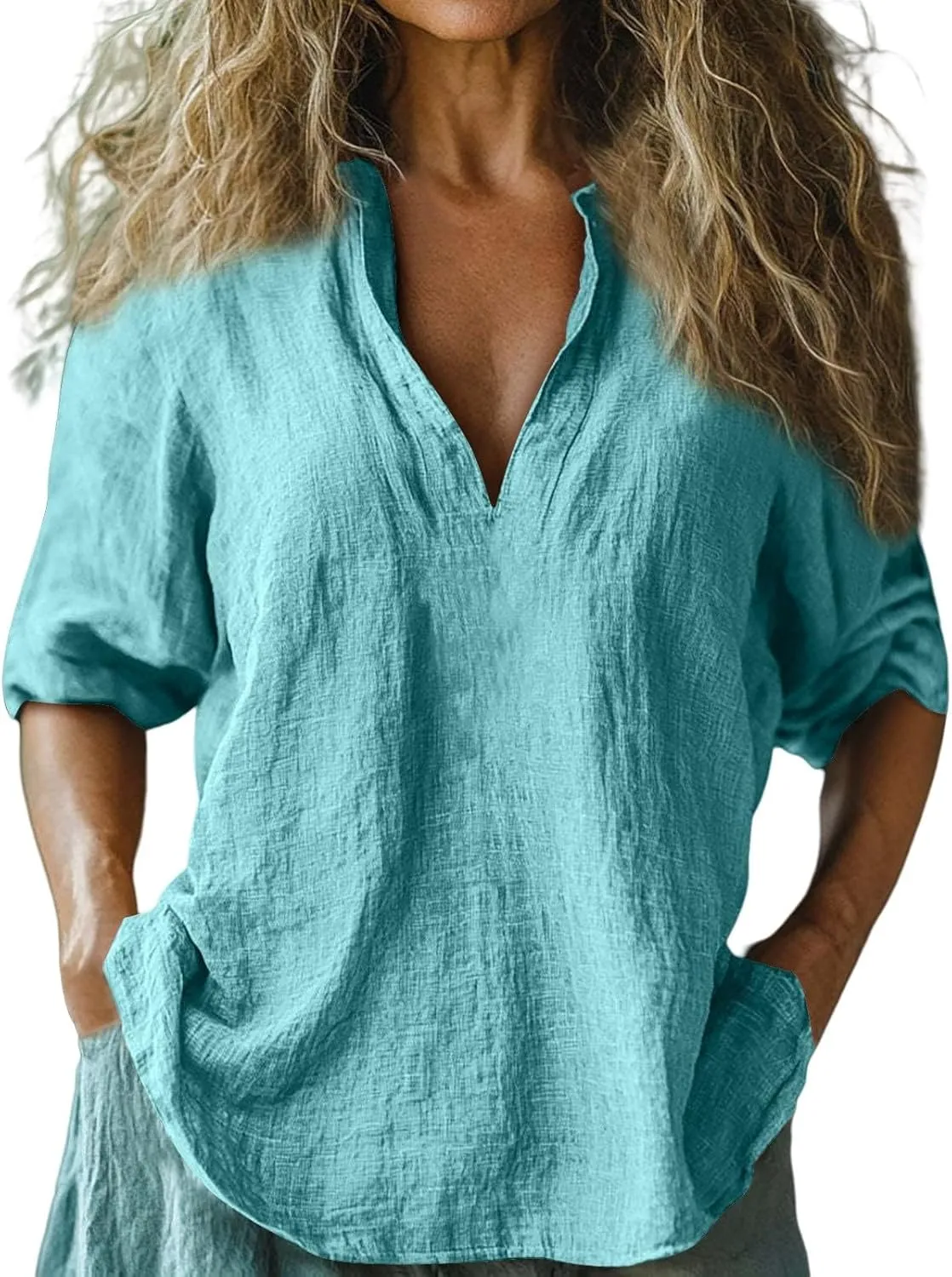 Summer Women Short Sleeve Cotton Linen Tops Trendy Baggy T Shirt V-Neck Button-Down Shirts Casual Breathable Blouse