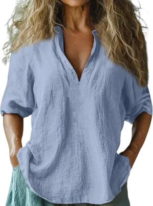 Summer Women Short Sleeve Cotton Linen Tops Trendy Baggy T Shirt V-Neck Button-Down Shirts Casual Breathable Blouse