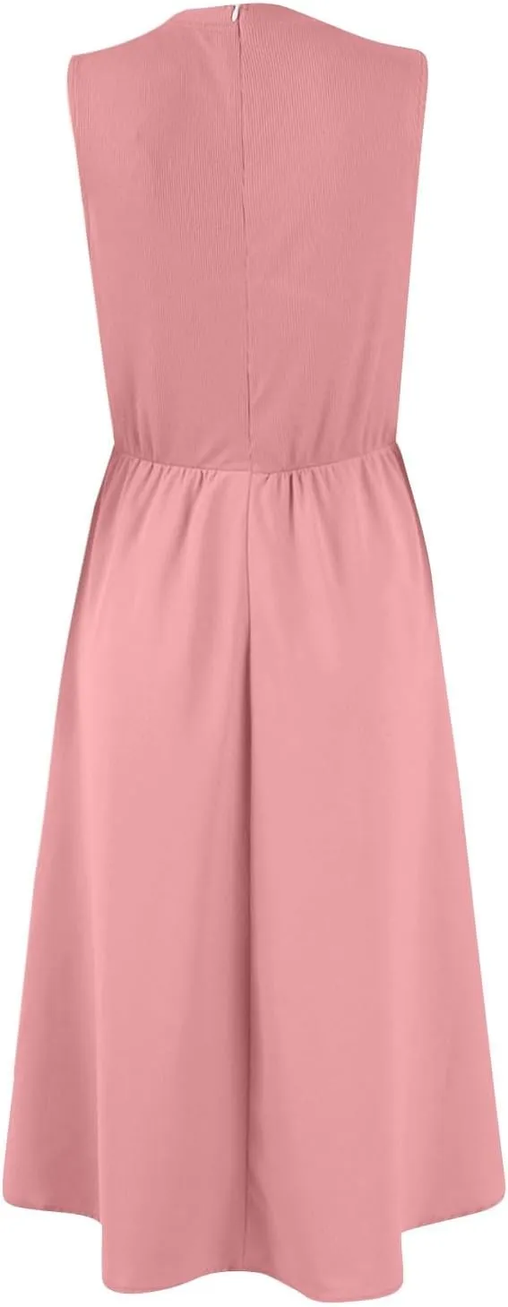 Sun Dresses Women Tank Top Dress Summer Midi Dresses Pleated Wrap Dress Sleeveless Ruffle Formal with Pockets