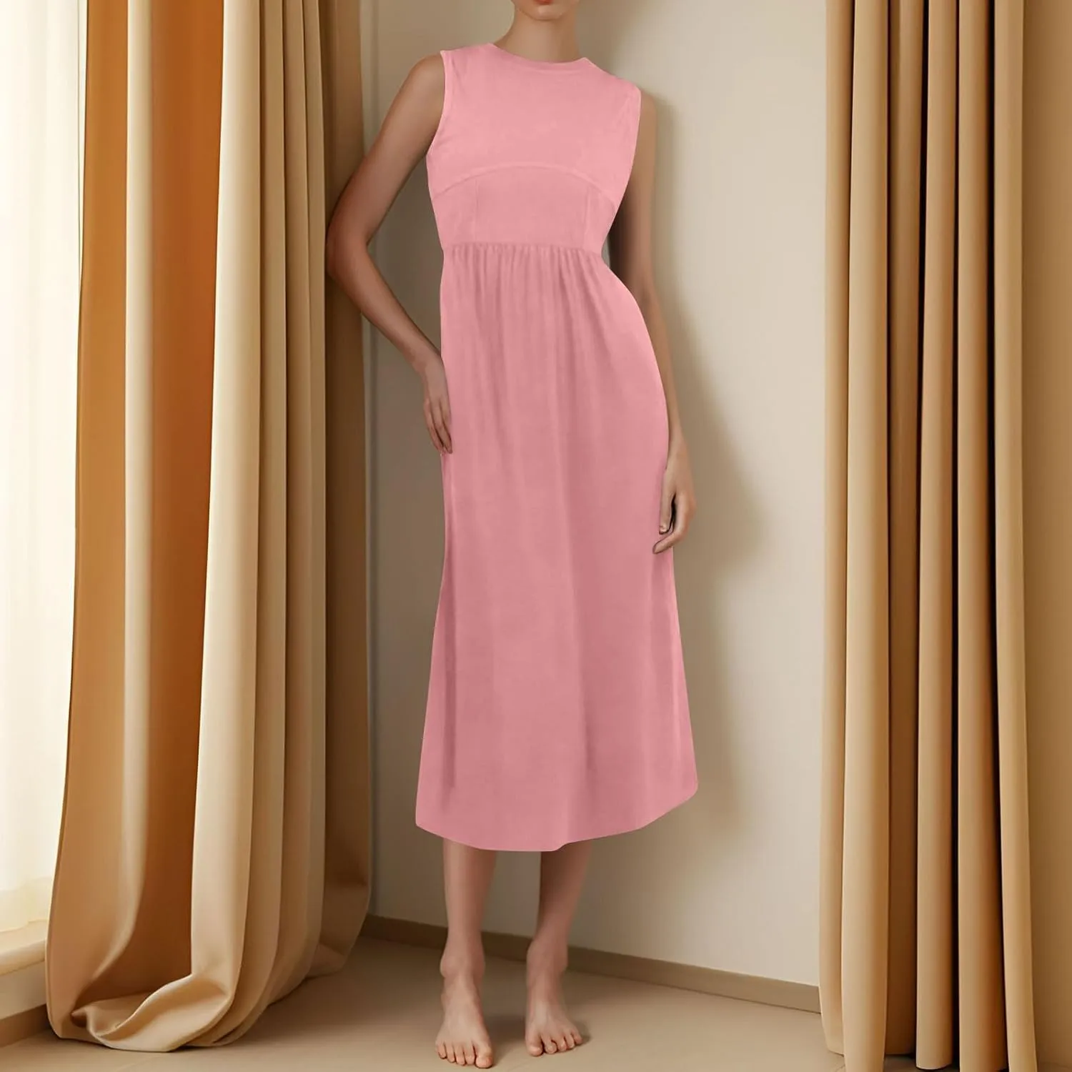 Sun Dresses Women Tank Top Dress Summer Midi Dresses Pleated Wrap Dress Sleeveless Ruffle Formal with Pockets