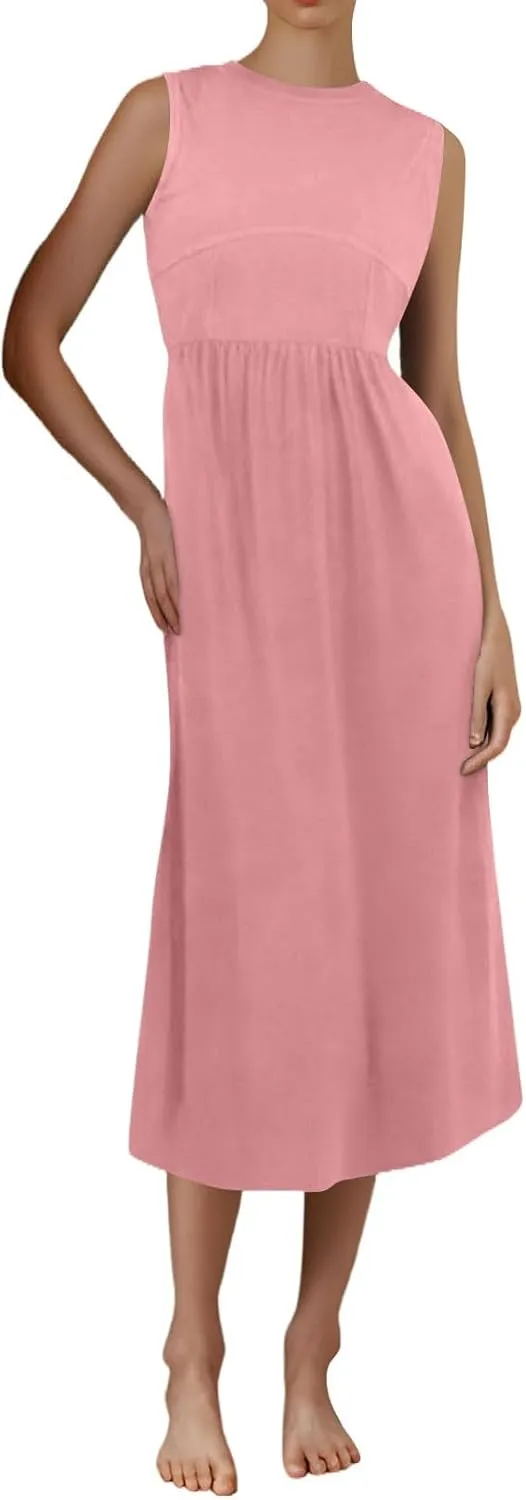 Sun Dresses Women Tank Top Dress Summer Midi Dresses Pleated Wrap Dress Sleeveless Ruffle Formal with Pockets