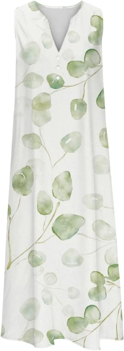 Sundresses for Women 2025 Fashion Boho Long Dress Boho Printing Sleeveless V Neck Maxi Travel Dresses with Pocktes