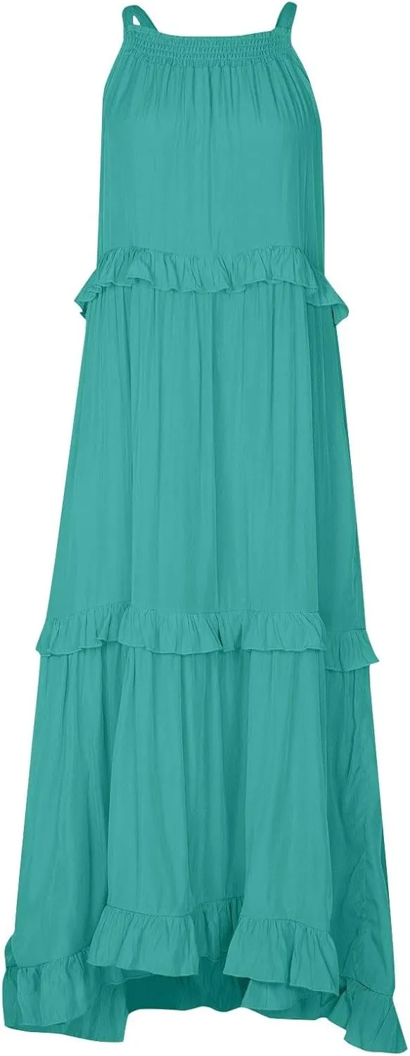 Sundresses for Women 2025 Sleeveless Summer Boho Beach Maxi Dress Tiered Pleated Flowy Swing Halter Church Long Dress