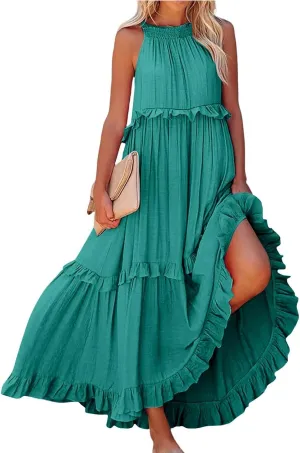 Sundresses for Women 2025 Sleeveless Summer Boho Beach Maxi Dress Tiered Pleated Flowy Swing Halter Church Long Dress