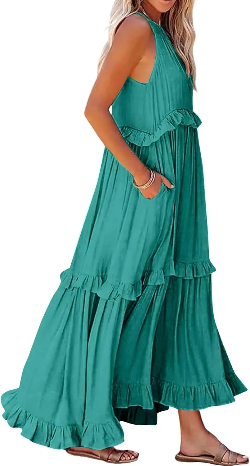 Sundresses for Women 2025 Sleeveless Summer Boho Beach Maxi Dress Tiered Pleated Flowy Swing Halter Church Long Dress
