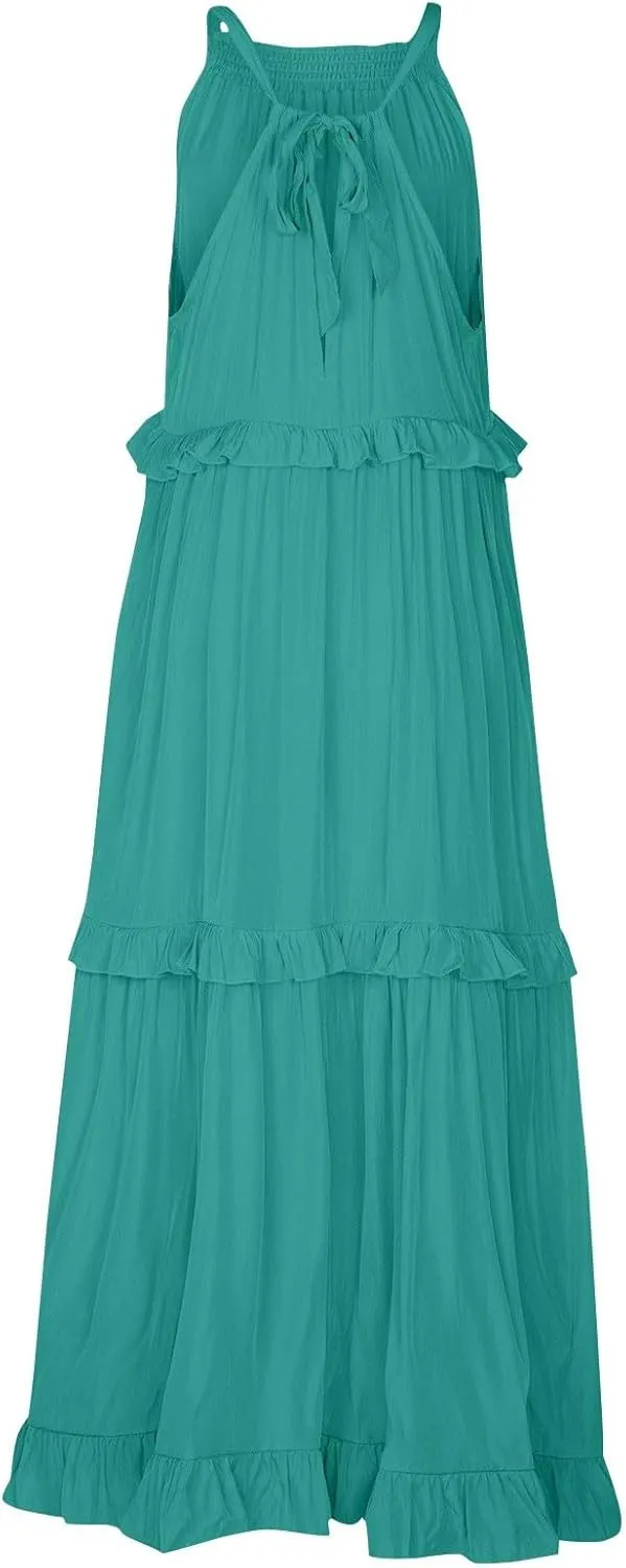 Sundresses for Women 2025 Sleeveless Summer Boho Beach Maxi Dress Tiered Pleated Flowy Swing Halter Church Long Dress