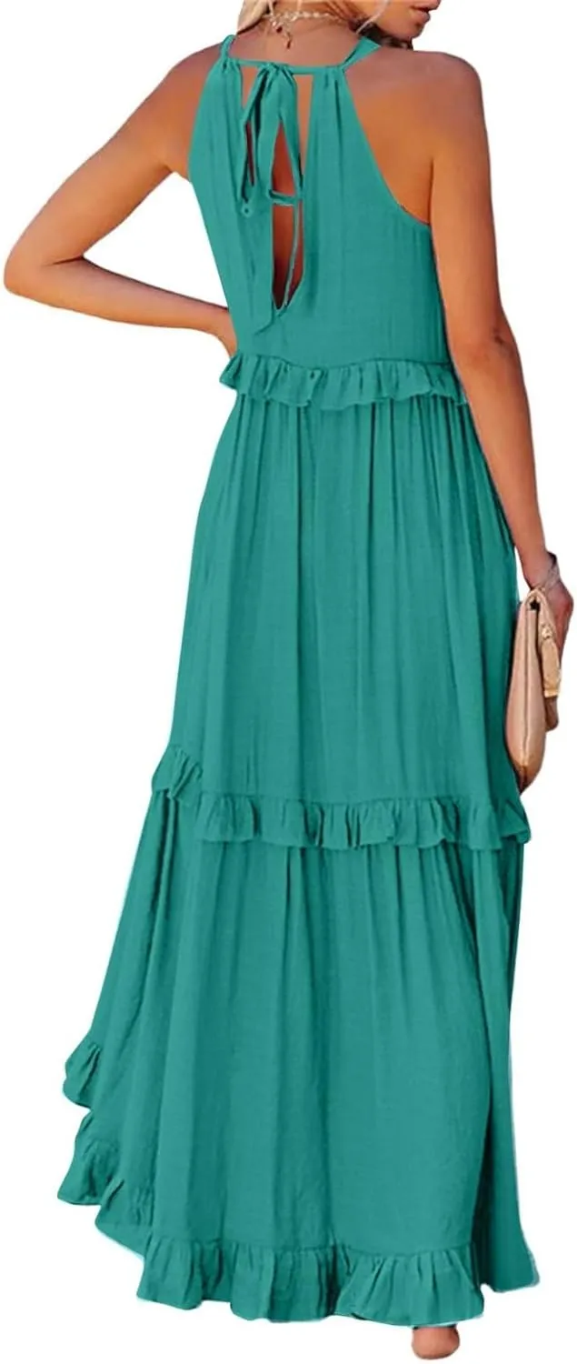 Sundresses for Women 2025 Sleeveless Summer Boho Beach Maxi Dress Tiered Pleated Flowy Swing Halter Church Long Dress