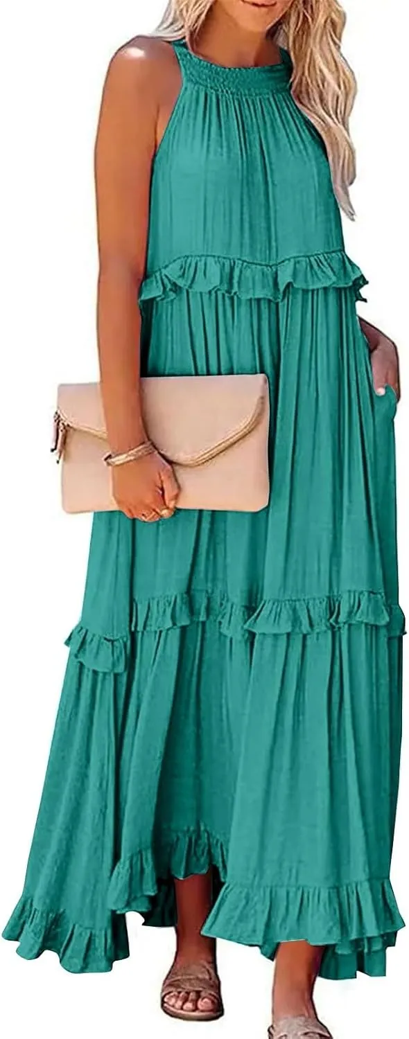 Sundresses for Women 2025 Sleeveless Summer Boho Beach Maxi Dress Tiered Pleated Flowy Swing Halter Church Long Dress