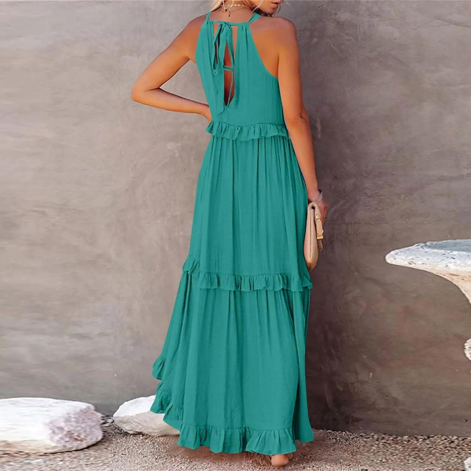 Sundresses for Women 2025 Sleeveless Summer Boho Beach Maxi Dress Tiered Pleated Flowy Swing Halter Church Long Dress