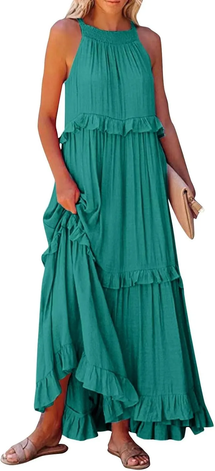 Sundresses for Women 2025 Sleeveless Summer Boho Beach Maxi Dress Tiered Pleated Flowy Swing Halter Church Long Dress