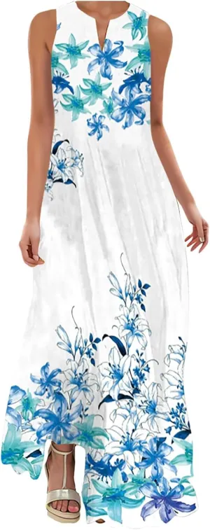 Sundresses for Women 2025 Trendy Flower Print Maxi Dresses Casual Boho Flowy Sundress Summer Vacation Party Dress