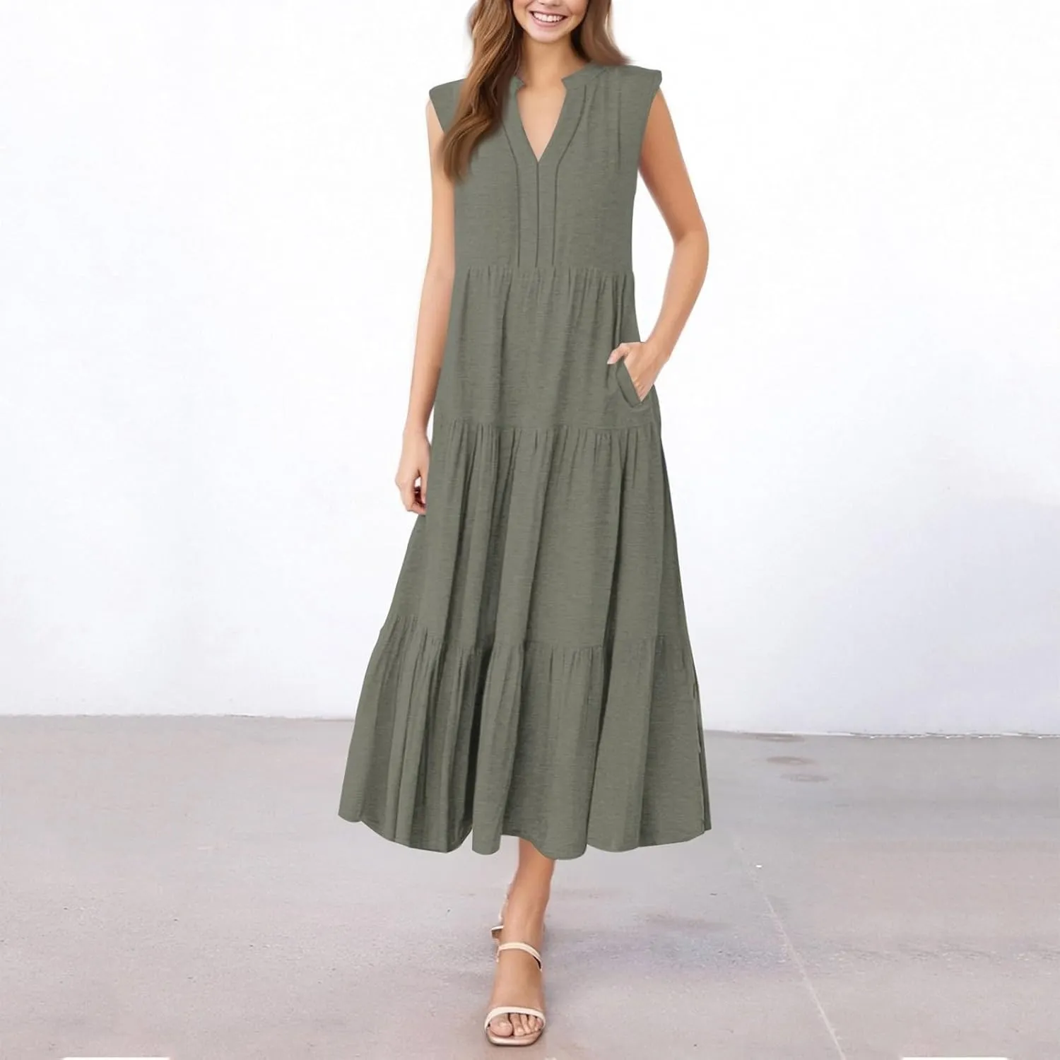 Sundresses for Women Casual Summer Ruffle Sleeve Sweetheart V-Neck Printing Dresses Boho Prom Maxi Short Sleeve Dress