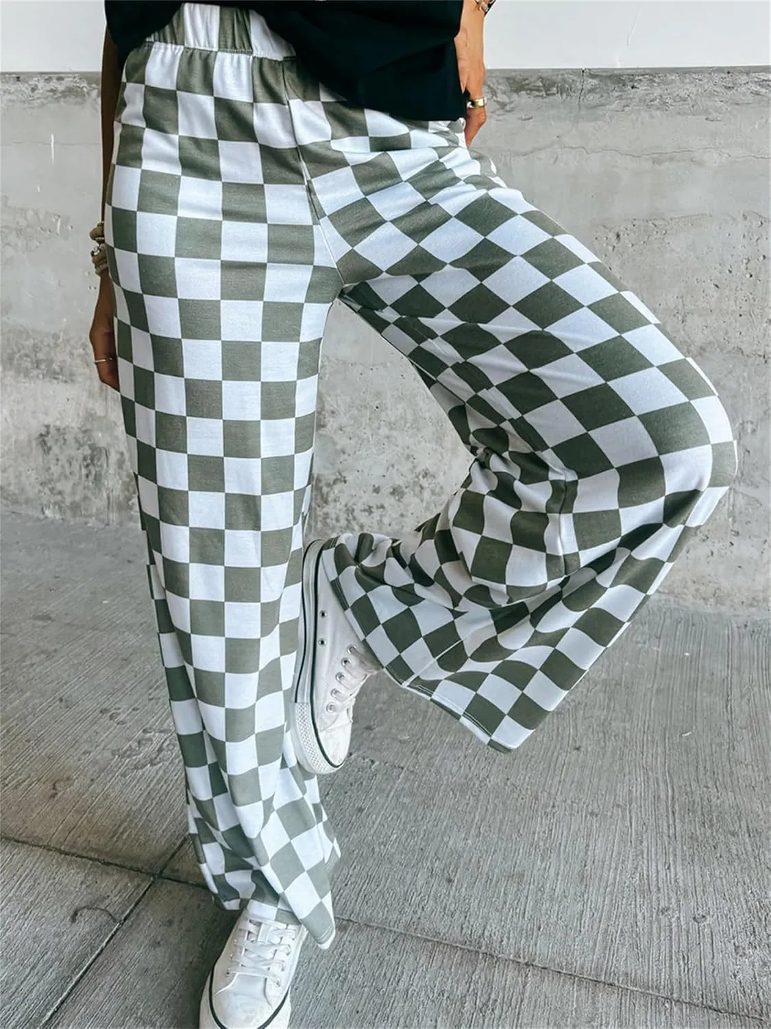 Sunloudy Womens Checkered Wide Leg Pants High Elastic Waisted Straight Loose Fitted LoungeTrouser Streetwear