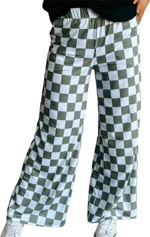 Sunloudy Womens Checkered Wide Leg Pants High Elastic Waisted Straight Loose Fitted LoungeTrouser Streetwear