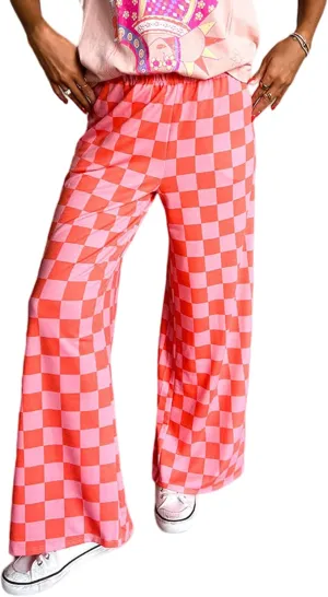 Sunloudy Womens Checkered Wide Leg Pants High Elastic Waisted Straight Loose Fitted LoungeTrouser Streetwear