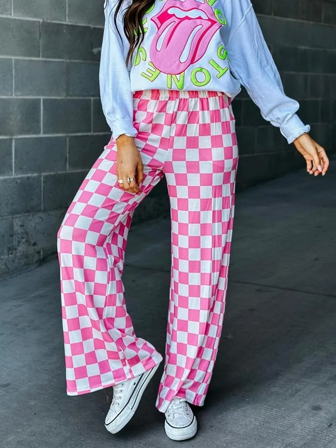 Sunloudy Womens Checkered Wide Leg Pants High Elastic Waisted Straight Loose Fitted LoungeTrouser Streetwear