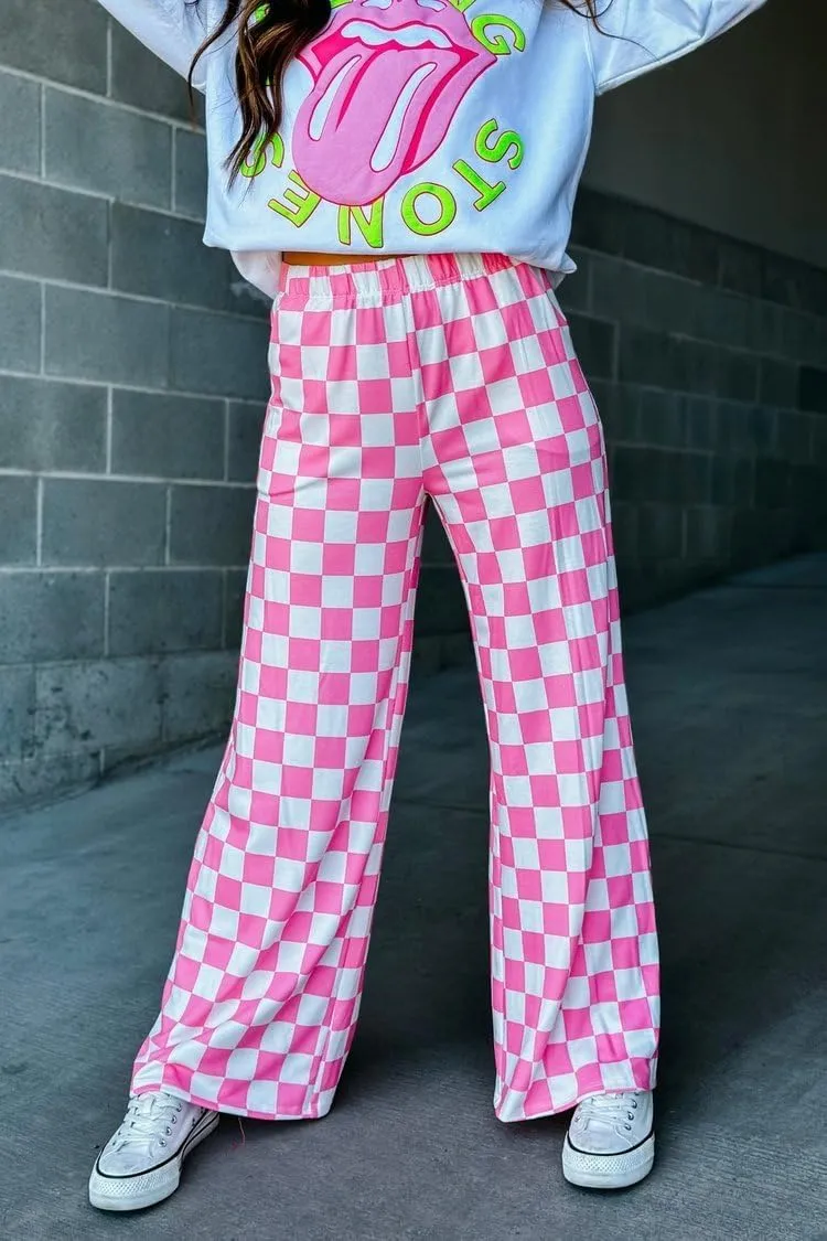 Sunloudy Womens Checkered Wide Leg Pants High Elastic Waisted Straight Loose Fitted LoungeTrouser Streetwear