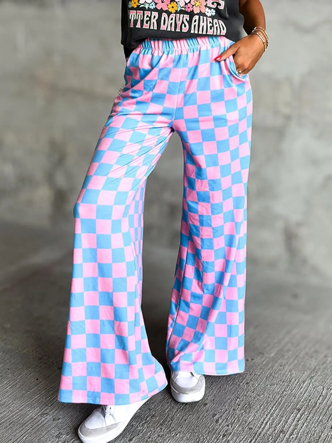 Sunloudy Womens Checkered Wide Leg Pants High Elastic Waisted Straight Loose Fitted LoungeTrouser Streetwear