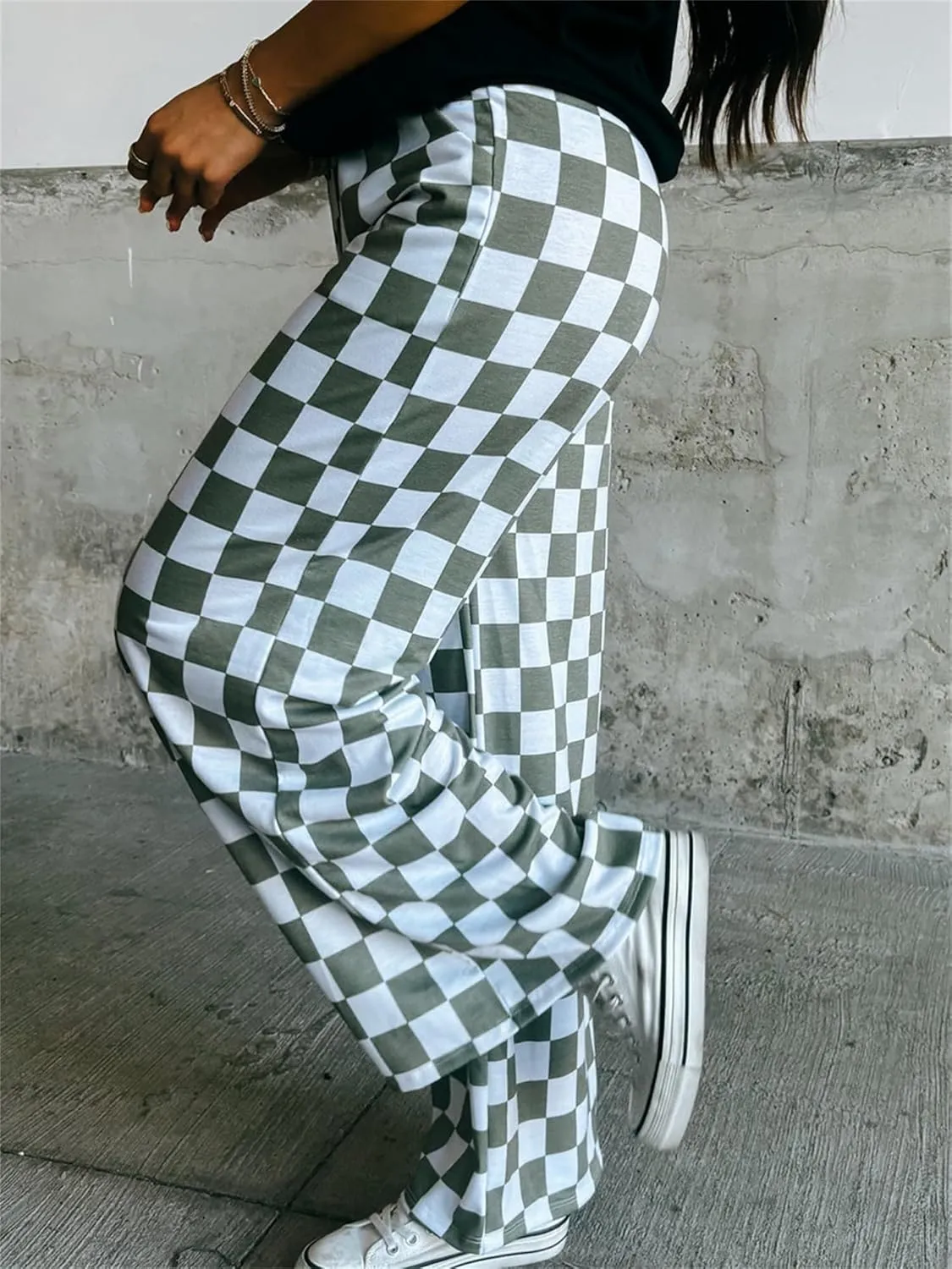 Sunloudy Womens Checkered Wide Leg Pants High Elastic Waisted Straight Loose Fitted LoungeTrouser Streetwear