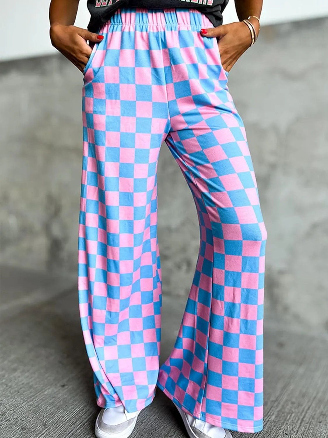 Sunloudy Womens Checkered Wide Leg Pants High Elastic Waisted Straight Loose Fitted LoungeTrouser Streetwear