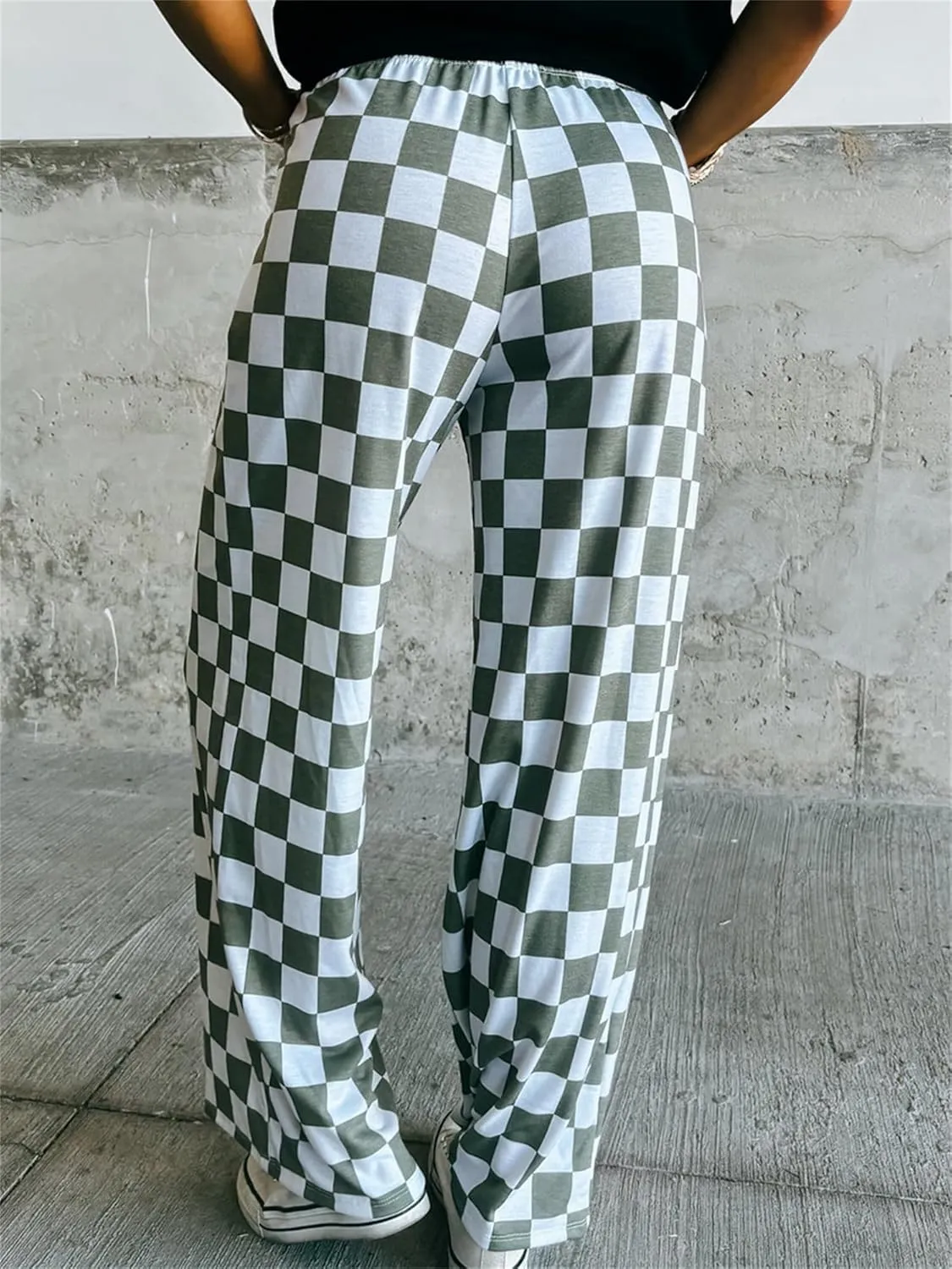 Sunloudy Womens Checkered Wide Leg Pants High Elastic Waisted Straight Loose Fitted LoungeTrouser Streetwear