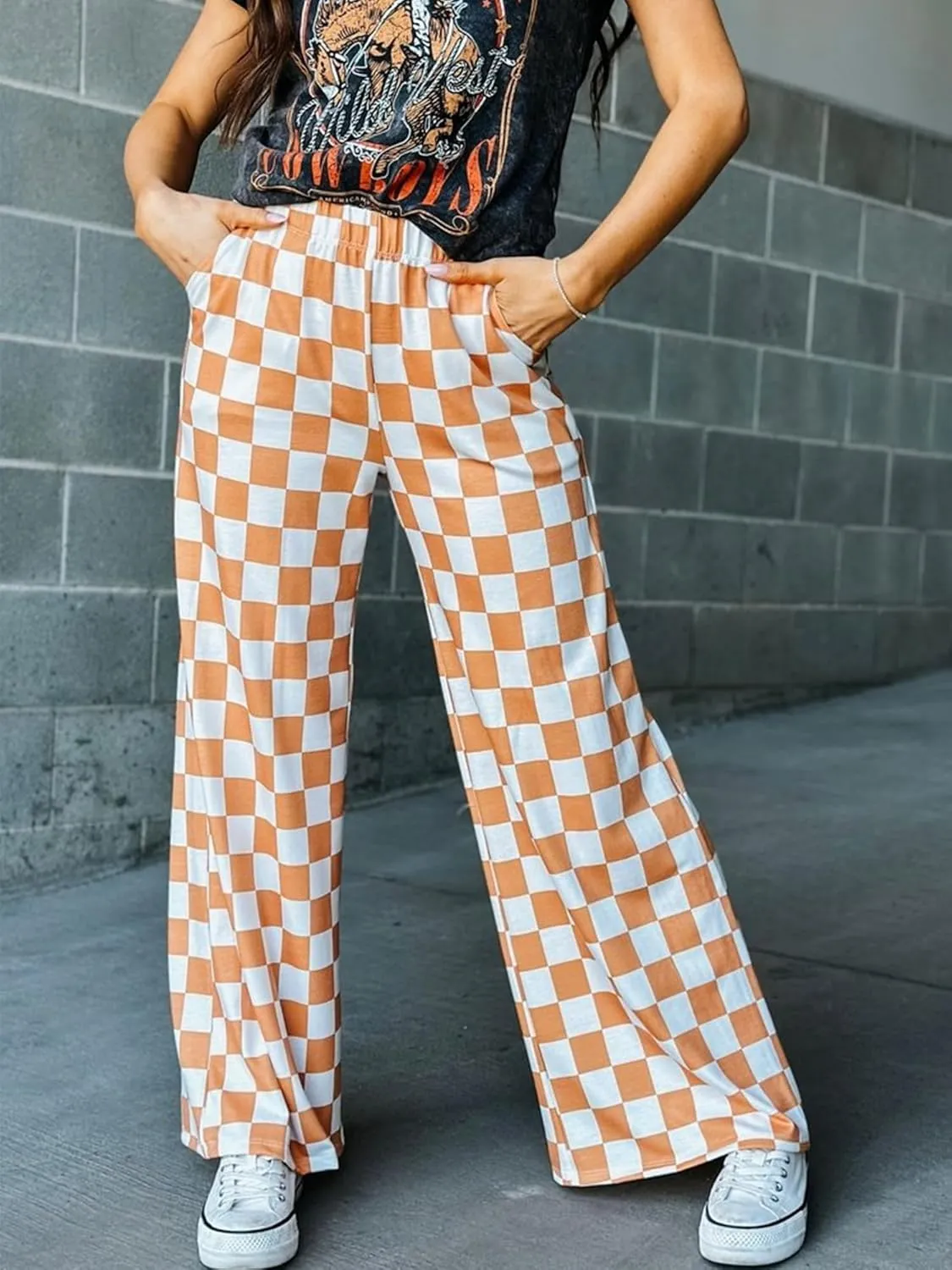 Sunloudy Womens Checkered Wide Leg Pants High Elastic Waisted Straight Loose Fitted LoungeTrouser Streetwear