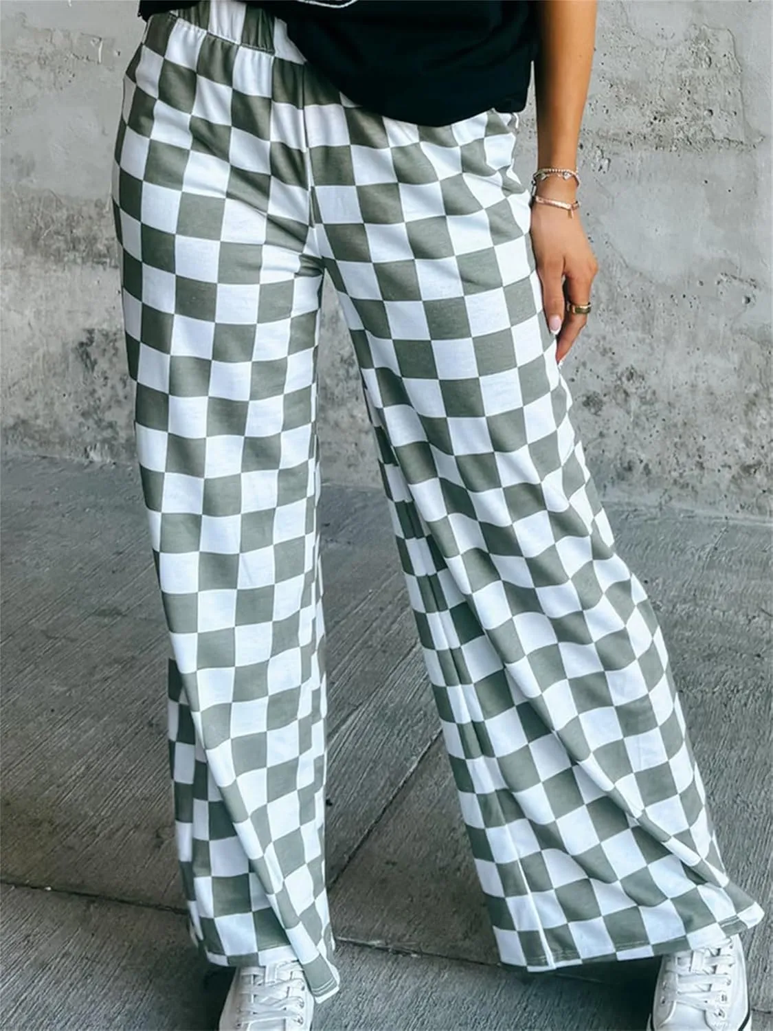 Sunloudy Womens Checkered Wide Leg Pants High Elastic Waisted Straight Loose Fitted LoungeTrouser Streetwear