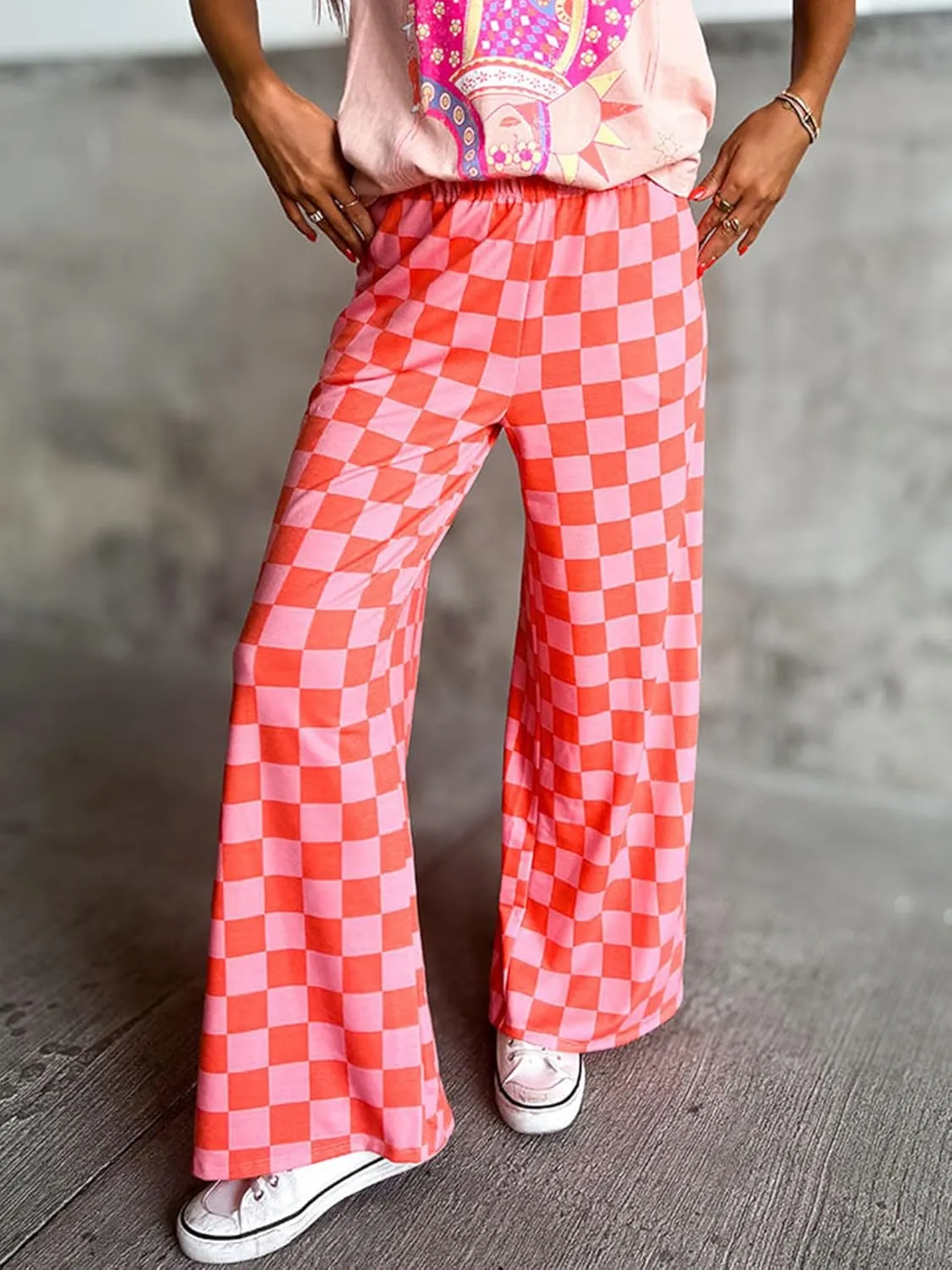 Sunloudy Womens Checkered Wide Leg Pants High Elastic Waisted Straight Loose Fitted LoungeTrouser Streetwear