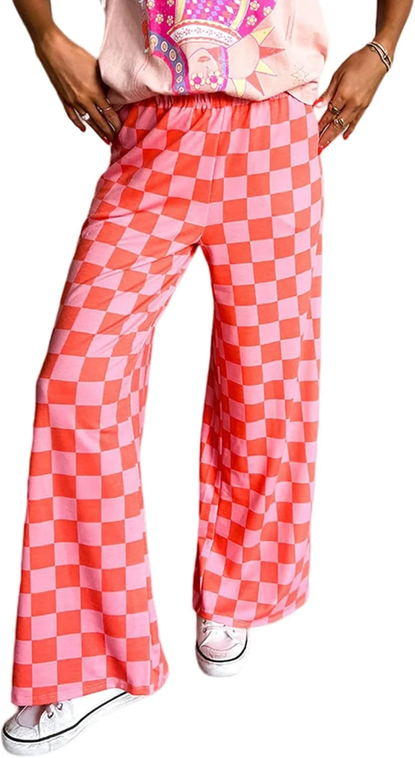 Sunloudy Womens Checkered Wide Leg Pants High Elastic Waisted Straight Loose Fitted LoungeTrouser Streetwear