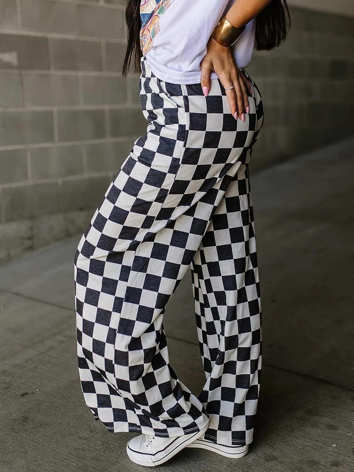 Sunloudy Womens Checkered Wide Leg Pants High Elastic Waisted Straight Loose Fitted LoungeTrouser Streetwear