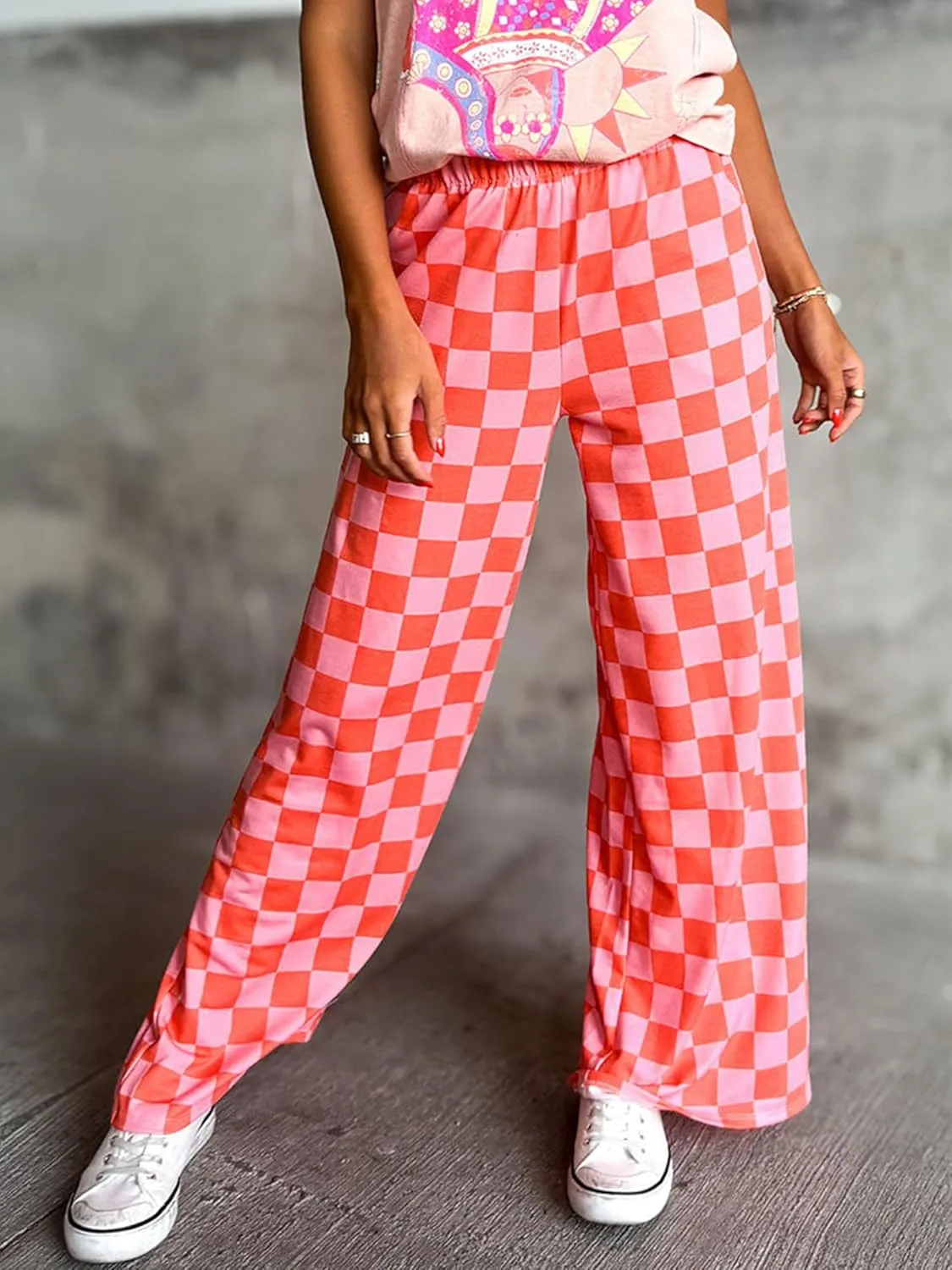 Sunloudy Womens Checkered Wide Leg Pants High Elastic Waisted Straight Loose Fitted LoungeTrouser Streetwear