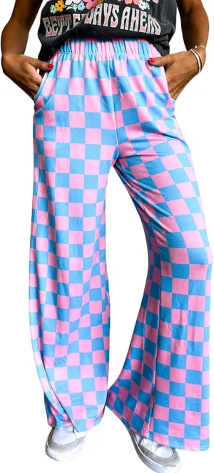 Sunloudy Womens Checkered Wide Leg Pants High Elastic Waisted Straight Loose Fitted LoungeTrouser Streetwear