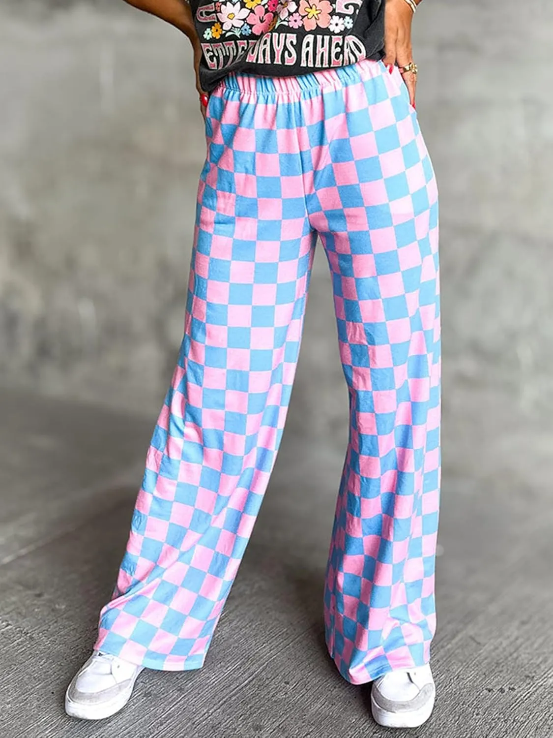 Sunloudy Womens Checkered Wide Leg Pants High Elastic Waisted Straight Loose Fitted LoungeTrouser Streetwear