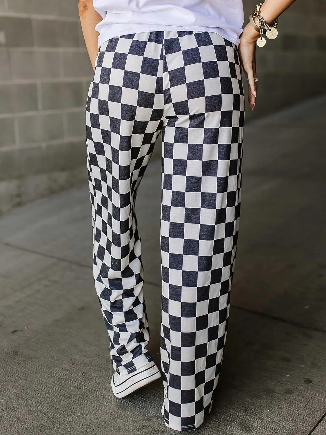 Sunloudy Womens Checkered Wide Leg Pants High Elastic Waisted Straight Loose Fitted LoungeTrouser Streetwear