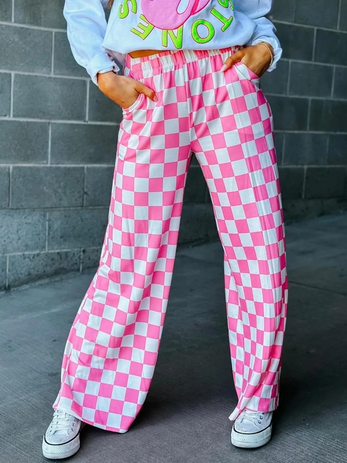 Sunloudy Womens Checkered Wide Leg Pants High Elastic Waisted Straight Loose Fitted LoungeTrouser Streetwear